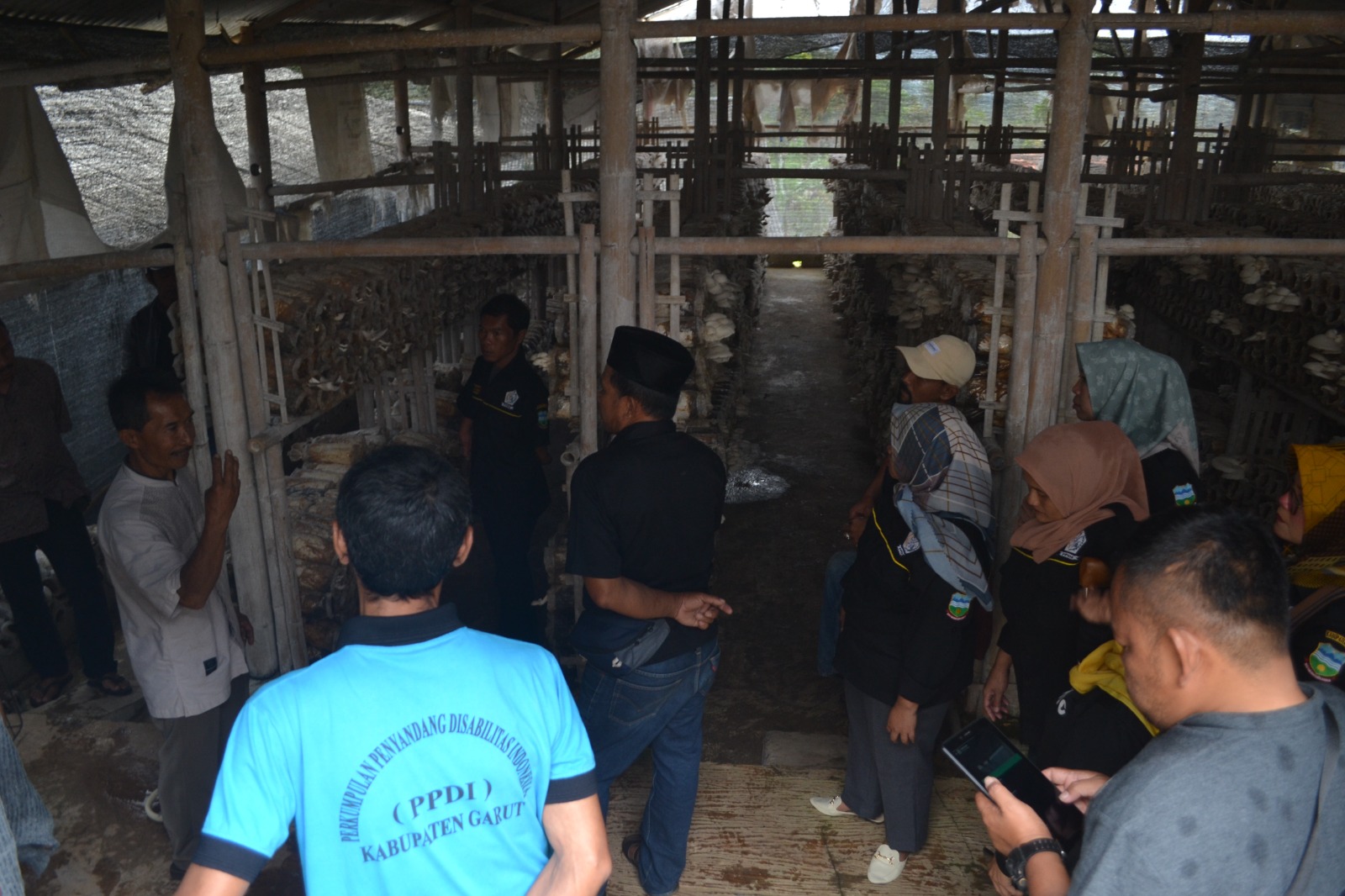 peserta sedang mendengarkan materi budidaya jamur di kumbung jamur